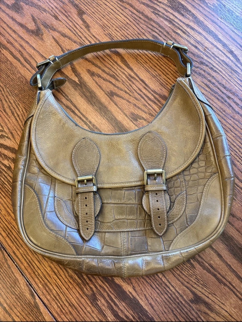Mulberry Olive Croc-Embossed Leather Shoulder Bag with Buckle Accents